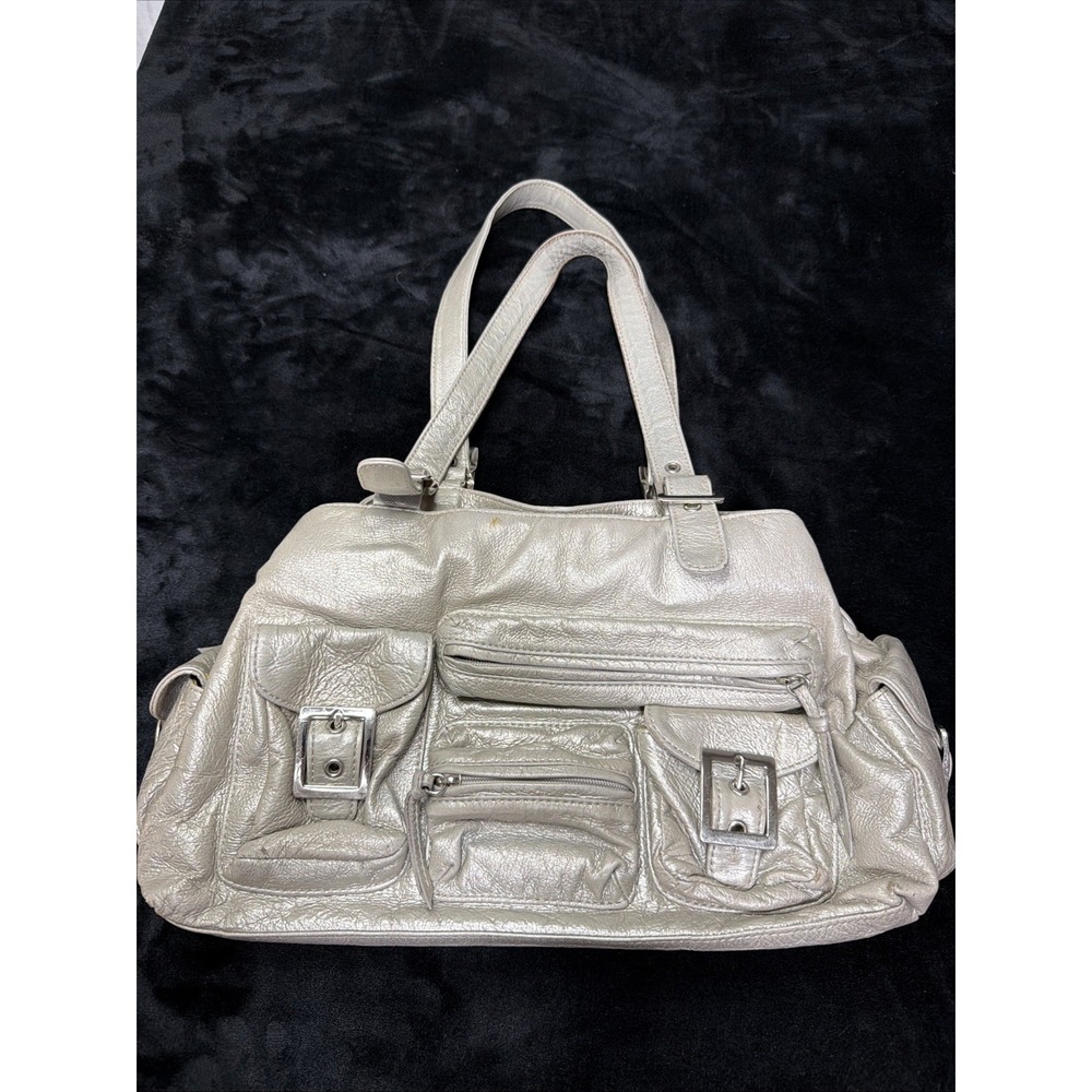 Hype Y2K Bag Silver Pebbled Leather Two Straps Zip And Magnets